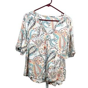 Chico's Top 2 Colorful Paisley 3/4 Sleeve Shirt Large US 12-14 Vacation Office
